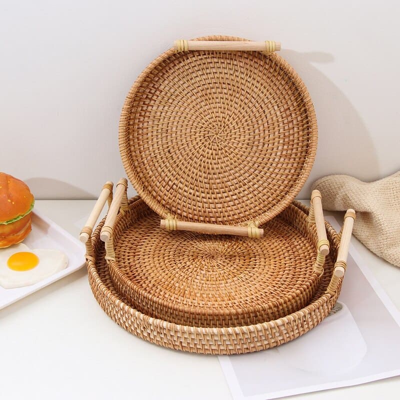 Handmade Round Rattan Wicker Decorative Tray