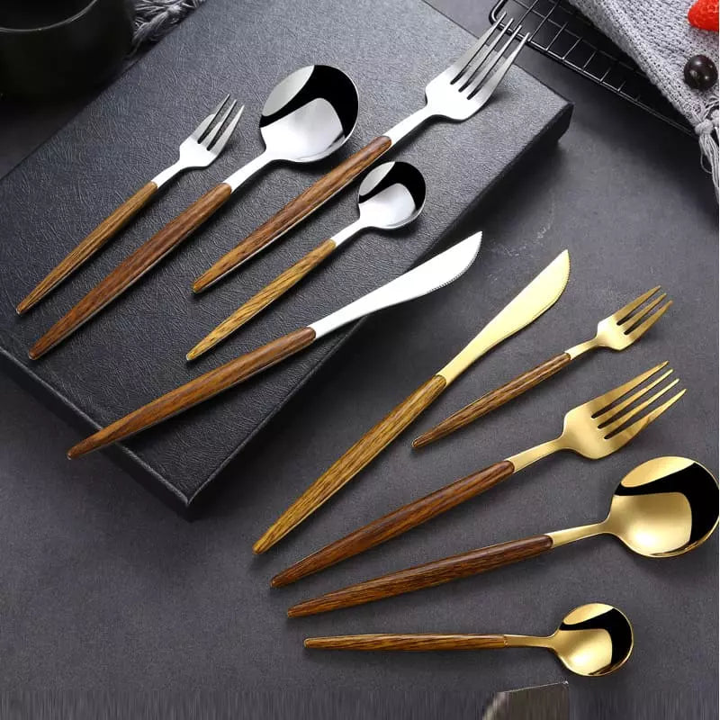30-Piece Stainless Steel Flatware Set with Wooden Handles