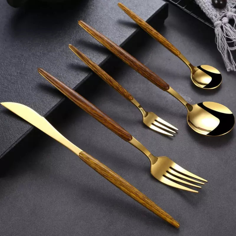 30-Piece Stainless Steel Flatware Set with Wooden Handles