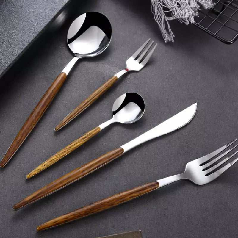 30-Piece Stainless Steel Flatware Set with Wooden Handles