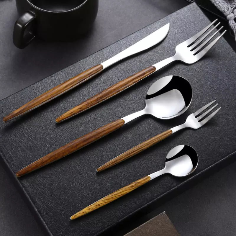 30-Piece Stainless Steel Flatware Set with Wooden Handles