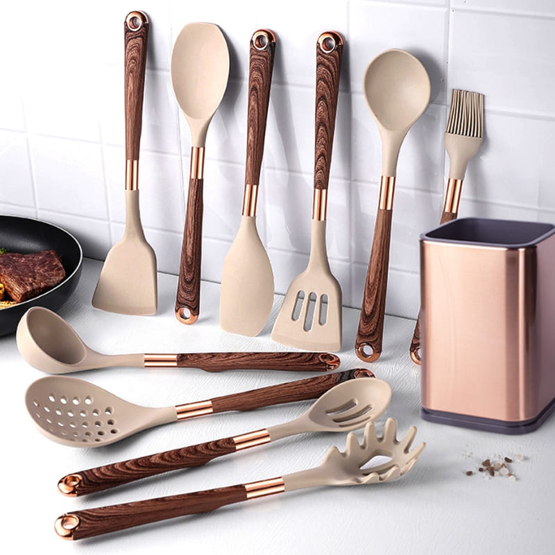 10-Piece Silicone Kitchen Utensil Kit with Organizer in Rose