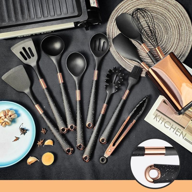10-Piece Silicone Kitchen Utensil Kit with Organizer in Rose