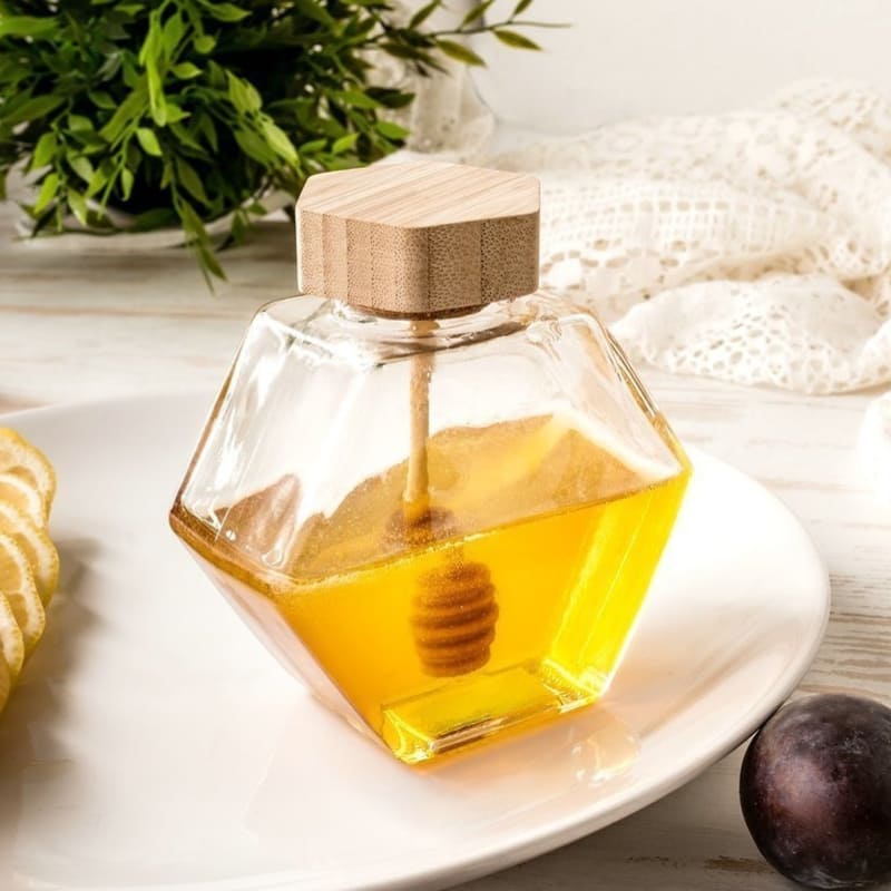 Glass Honey Jar with Wooden Lid and Spoon
