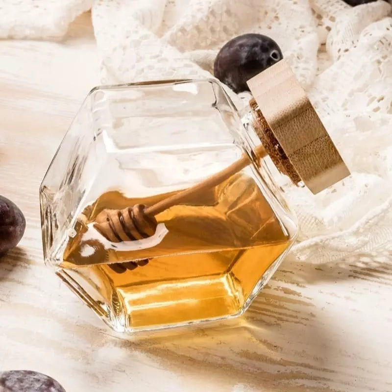Glass Honey Jar with Wooden Lid and Spoon
