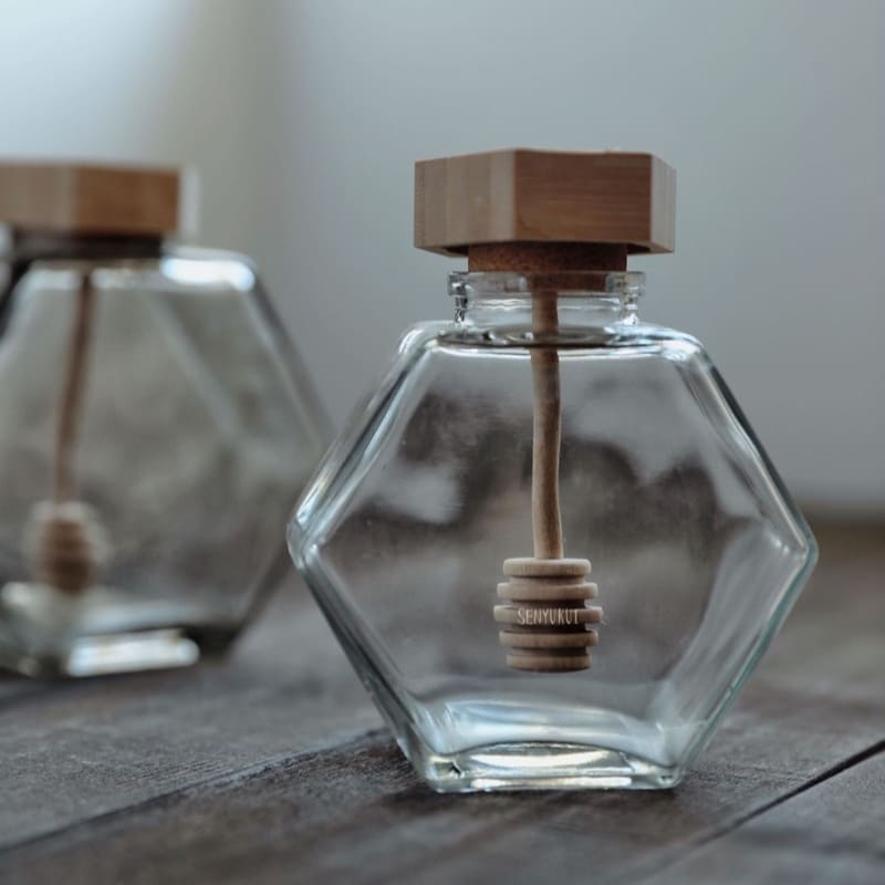 Glass Honey Jar with Wooden Lid and Spoon