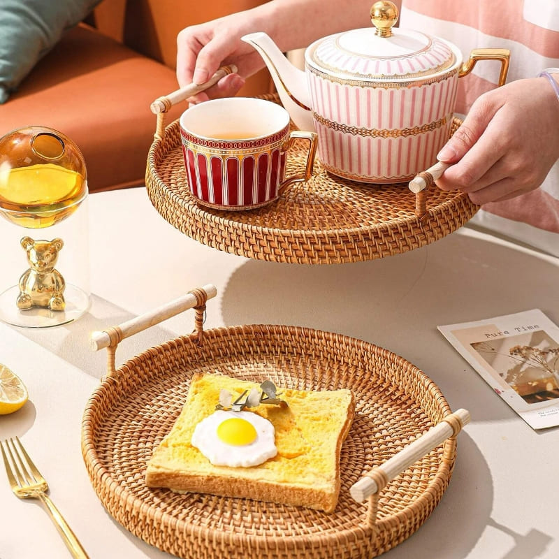 Handmade Round Rattan Wicker Decorative Tray