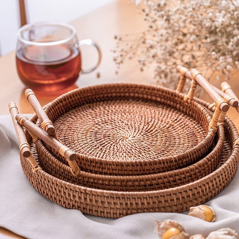 Handmade Round Rattan Wicker Decorative Tray