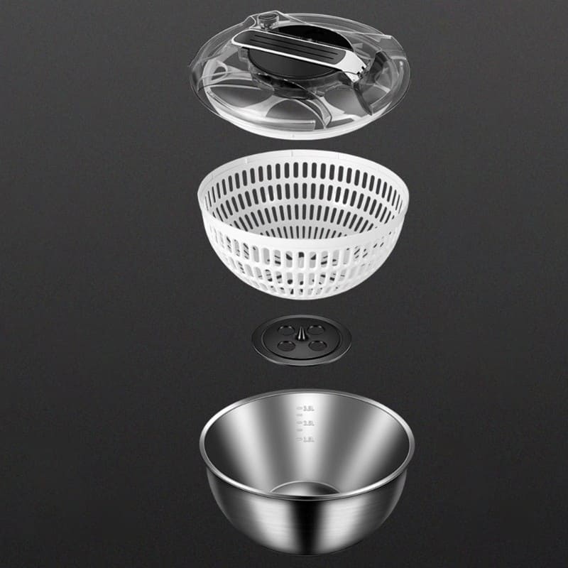 Polished stainless steel salad bowl drying centrifuge