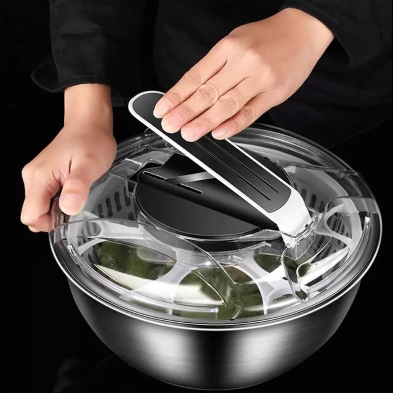 Polished stainless steel salad bowl drying centrifuge