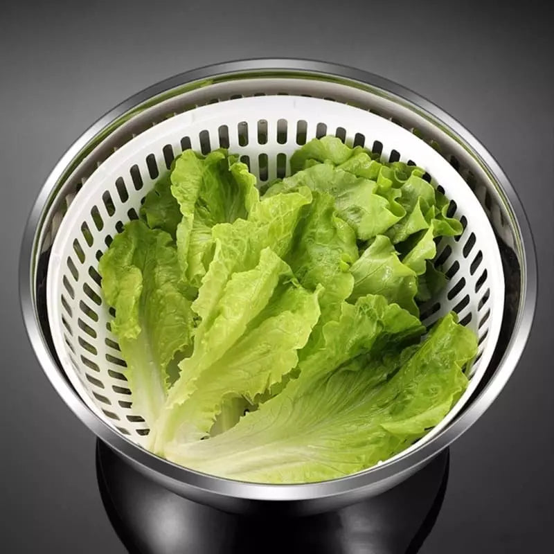 Polished stainless steel salad bowl drying centrifuge