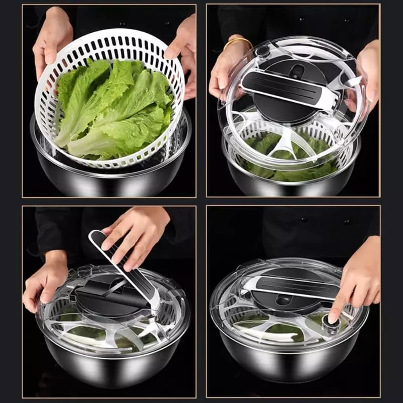 Polished stainless steel salad bowl drying centrifuge
