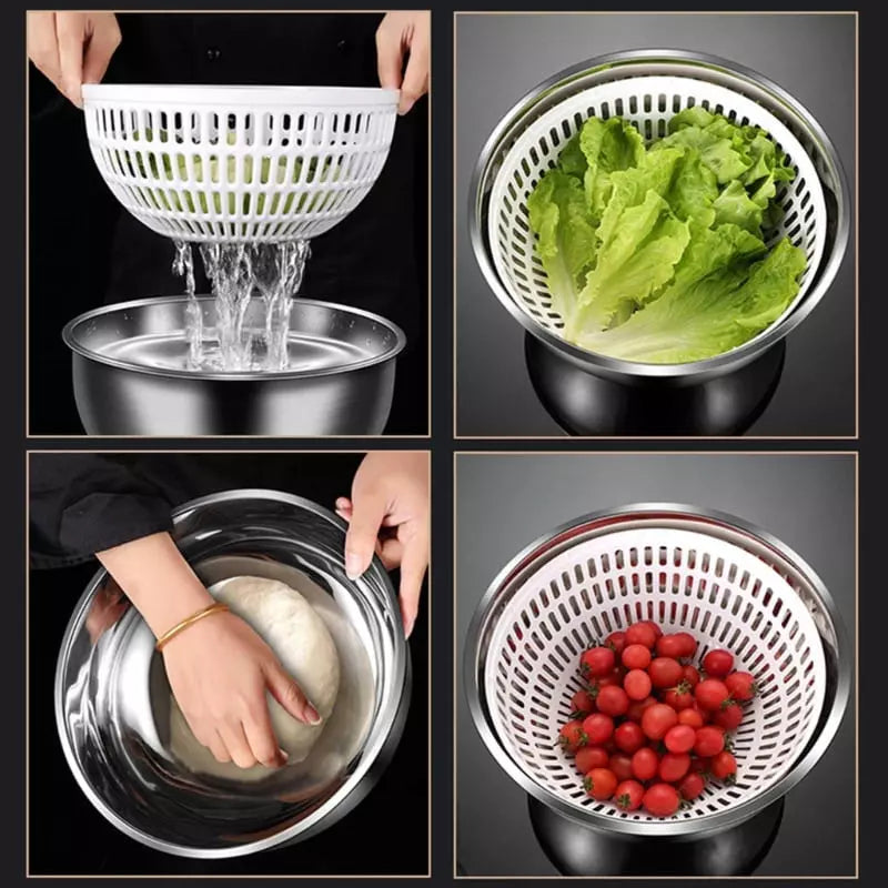 Polished stainless steel salad bowl drying centrifuge