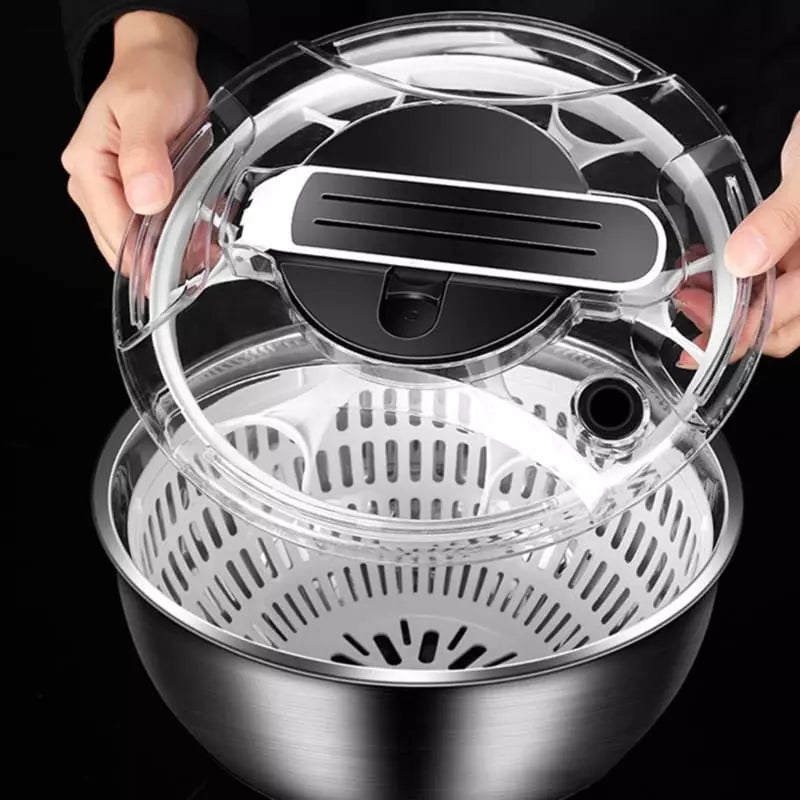 Polished stainless steel salad bowl drying centrifuge
