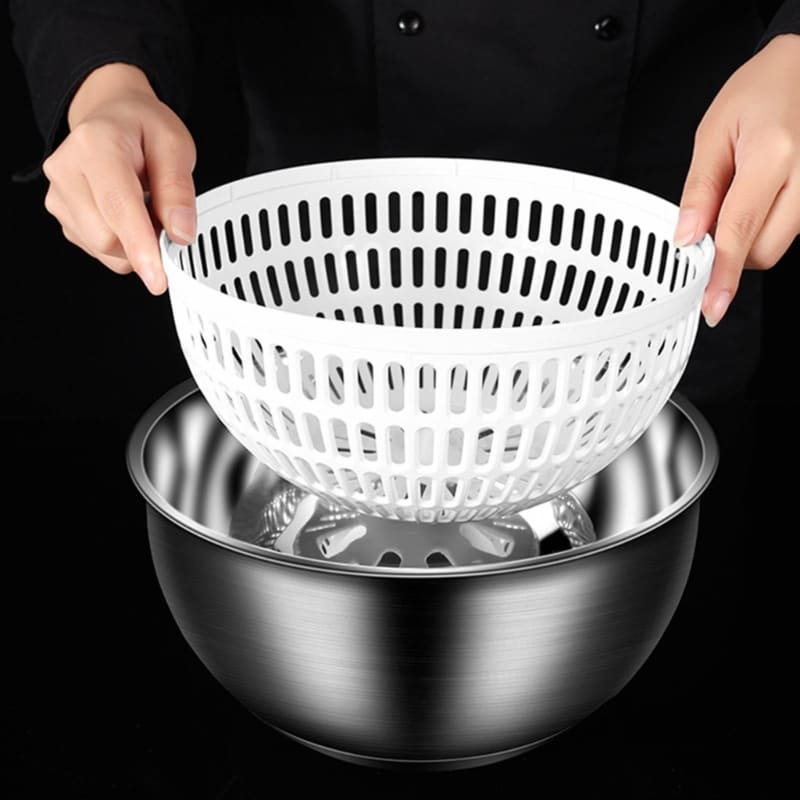 Polished stainless steel salad bowl drying centrifuge