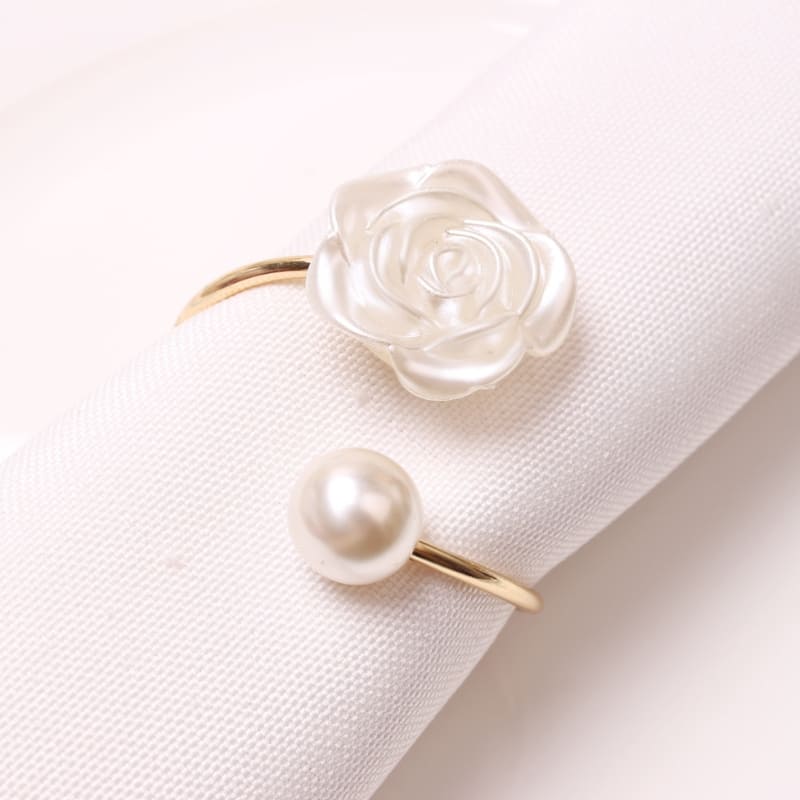 Fabric Flower and Pearl Napkin Ring Set
