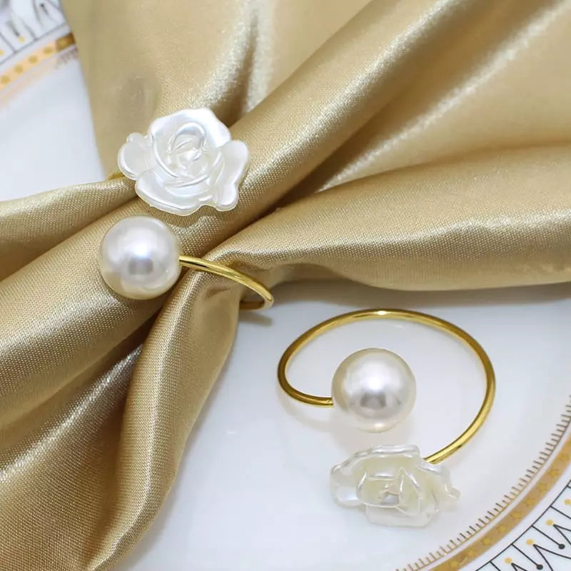 Fabric Flower and Pearl Napkin Ring Set