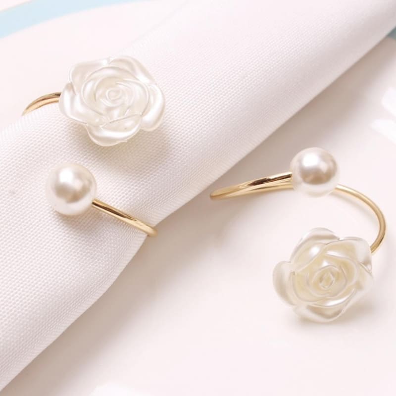 Fabric Flower and Pearl Napkin Ring Set