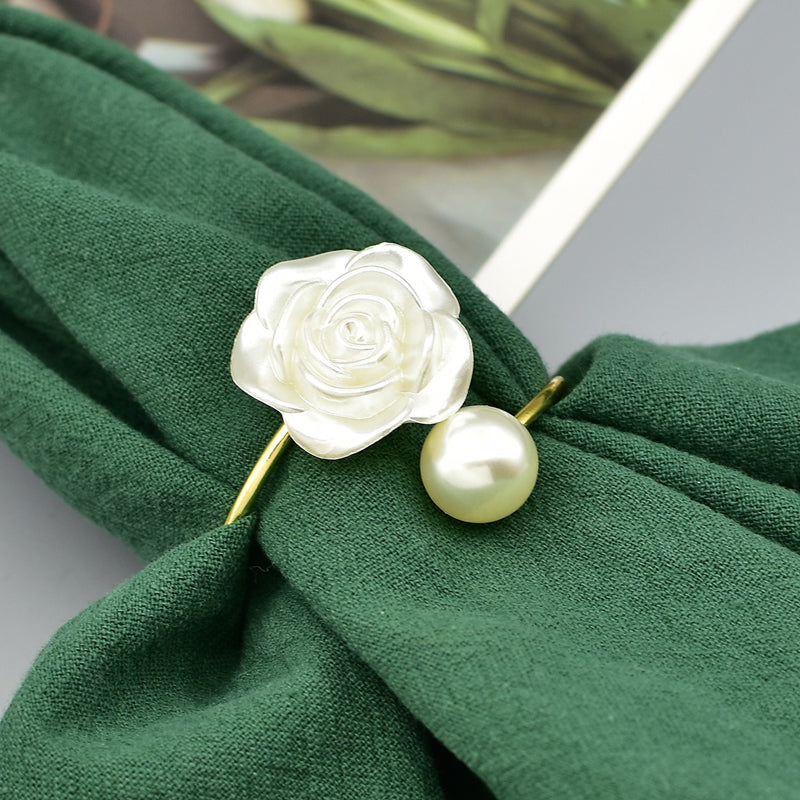 Fabric Flower and Pearl Napkin Ring Set