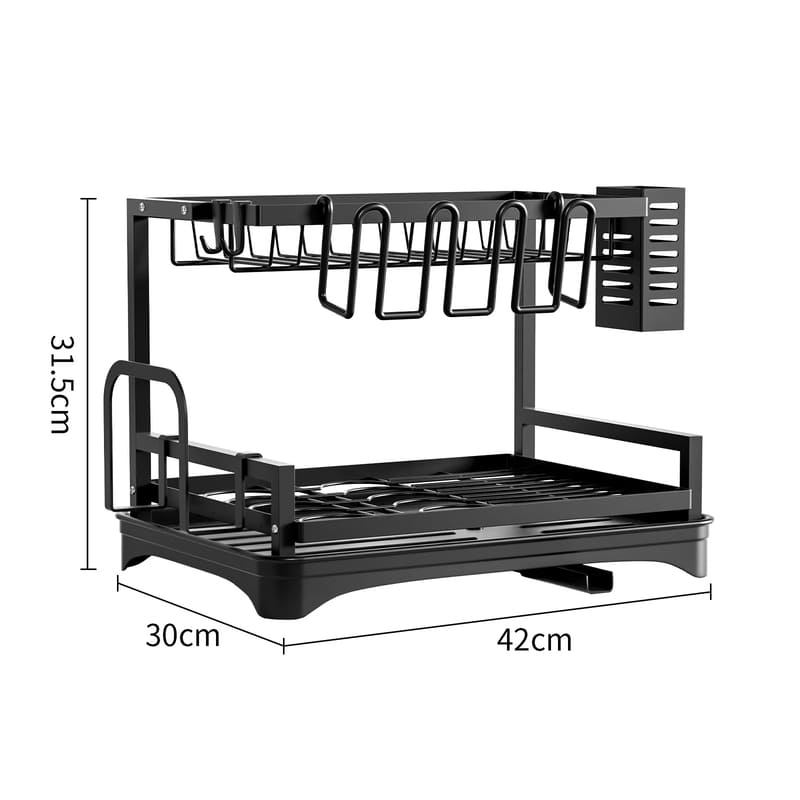 Black Dish Drying Rack with Drip Tray Made of Metal