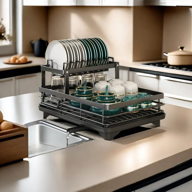 Black Dish Drying Rack with Drip Tray Made of Metal