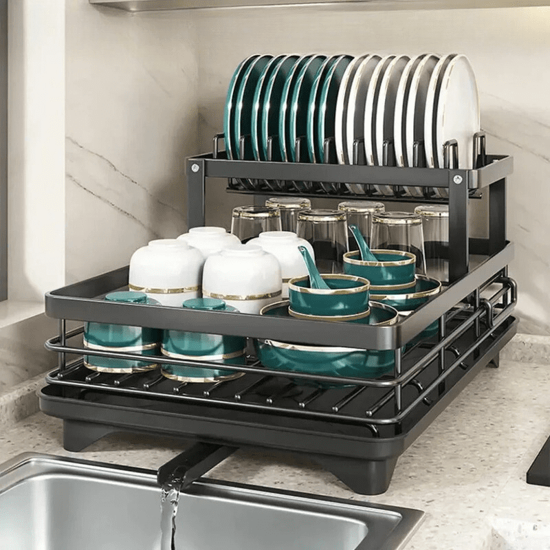 Black Dish Drying Rack with Drip Tray Made of Metal
