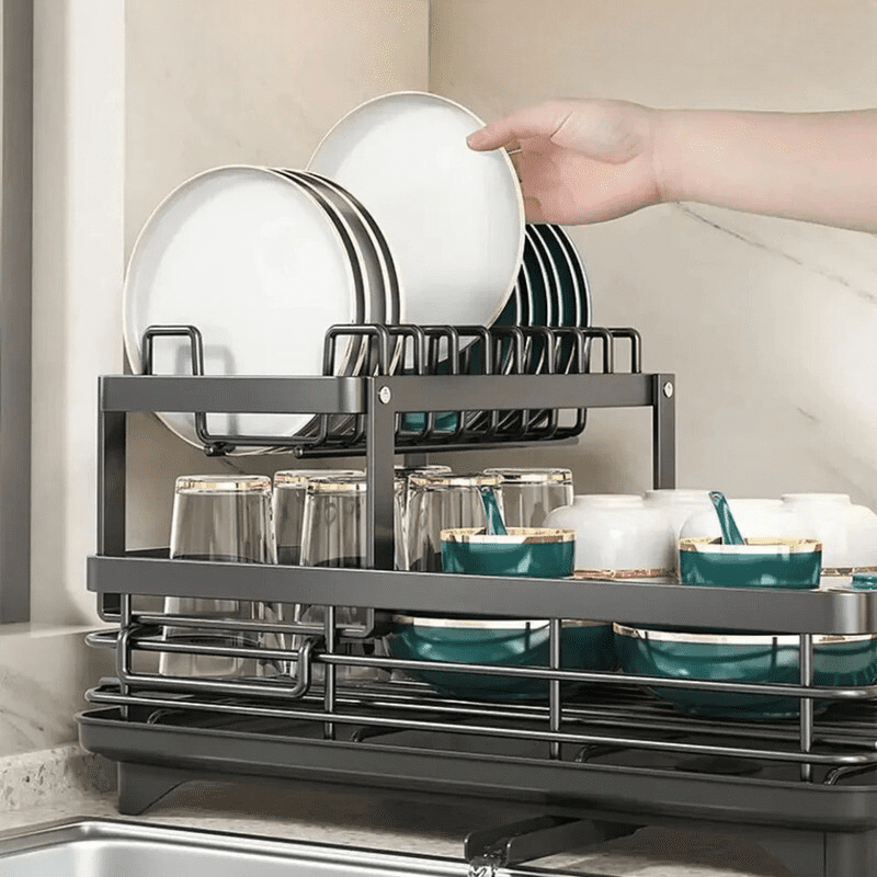 Black Dish Drying Rack with Drip Tray Made of Metal