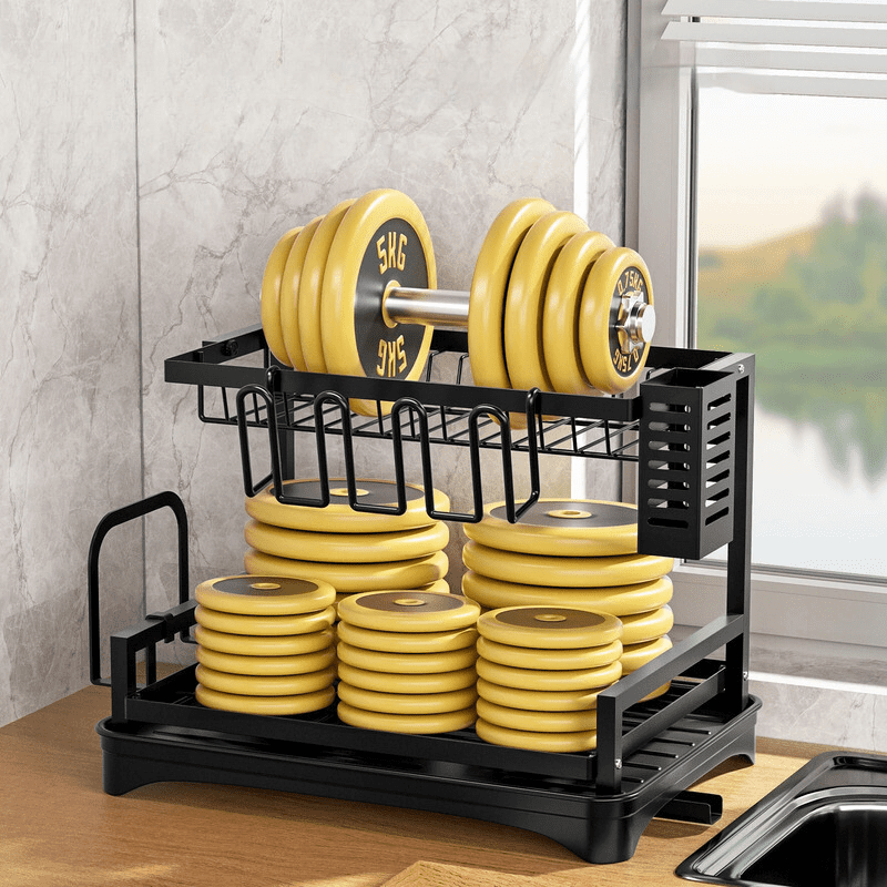 Black Dish Drying Rack with Drip Tray Made of Metal