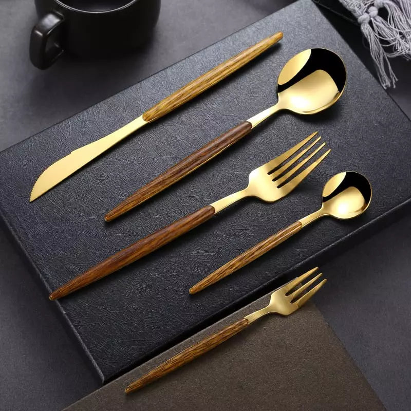 30-Piece Stainless Steel Flatware Set with Wooden Handles