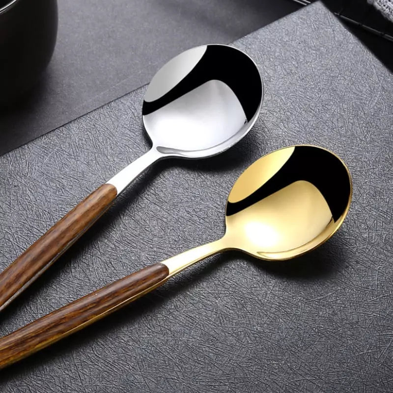 30-Piece Stainless Steel Flatware Set with Wooden Handles