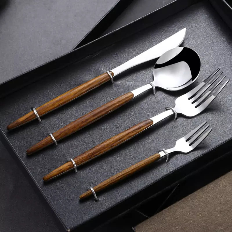 30-Piece Stainless Steel Flatware Set with Wooden Handles
