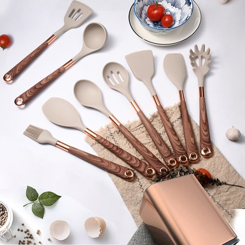 10-Piece Silicone Kitchen Utensil Kit with Organizer in Rose