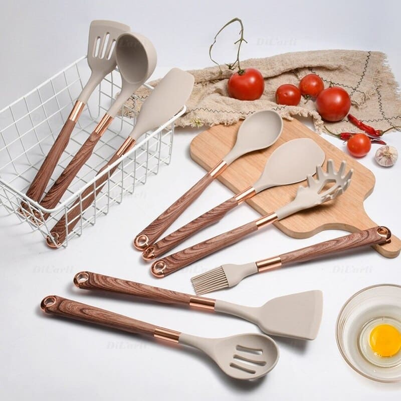 10-Piece Silicone Kitchen Utensil Kit with Organizer in Rose