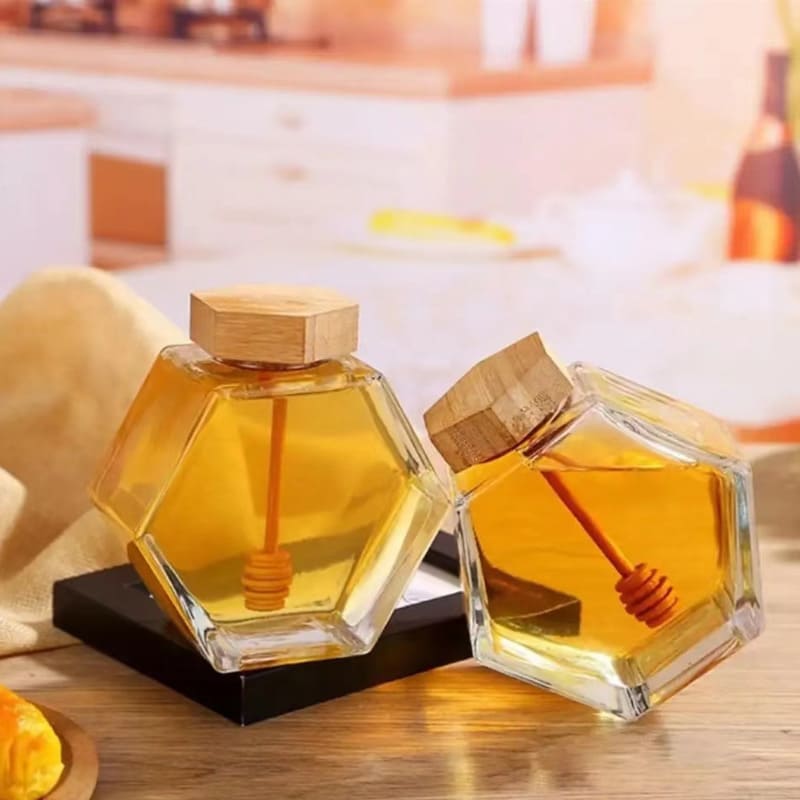 Glass Honey Jar with Wooden Lid and Spoon