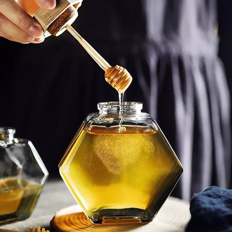 Glass Honey Jar with Wooden Lid and Spoon
