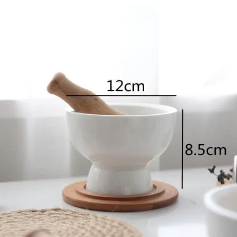 Ceramic Mortar and Pestle with Wooden Base