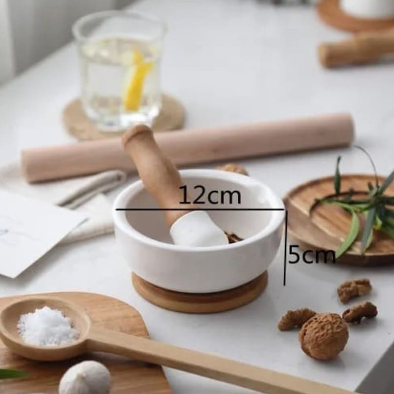 Ceramic Mortar and Pestle with Wooden Base