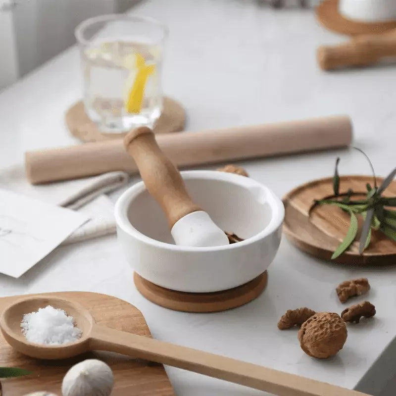Ceramic Mortar and Pestle with Wooden Base