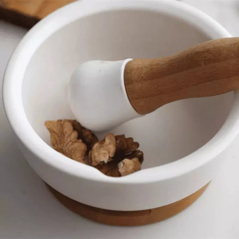 Ceramic Mortar and Pestle with Wooden Base