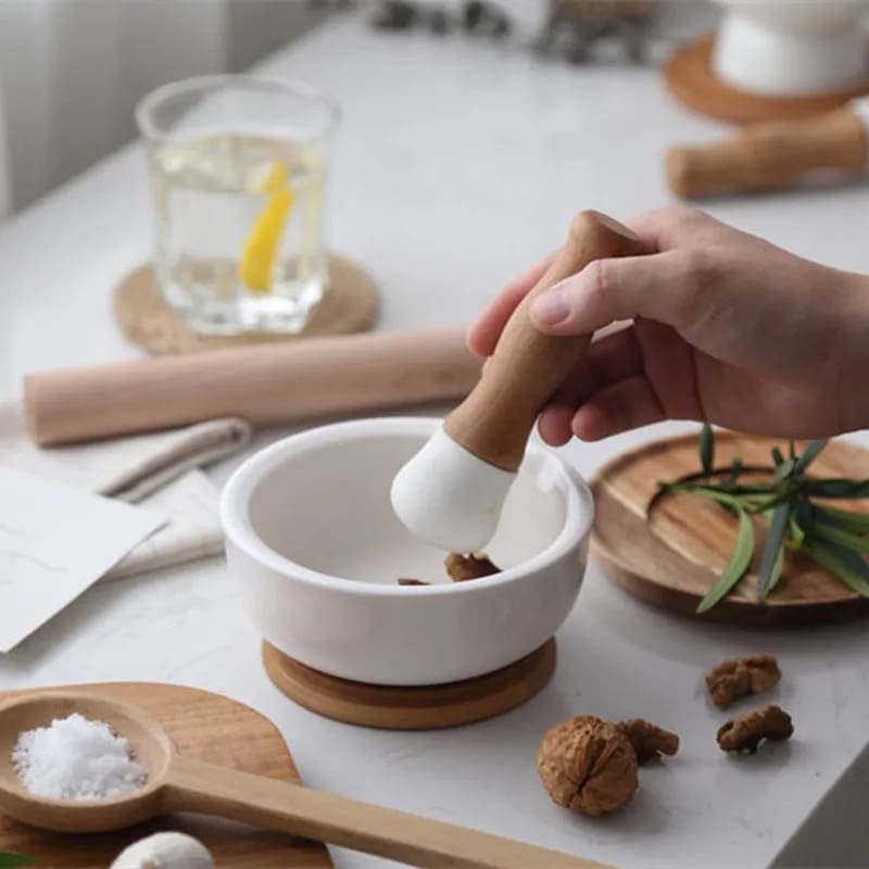 Ceramic Mortar and Pestle with Wooden Base