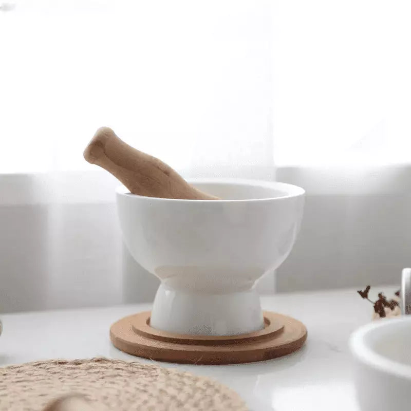 Ceramic Mortar and Pestle with Wooden Base